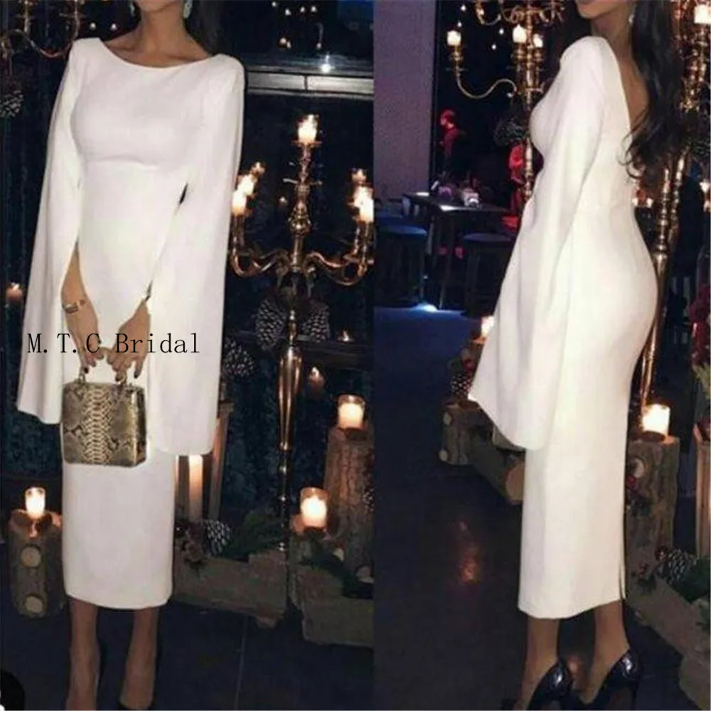 

White Long Sleeve Sheath Prom Dresses Elegant Backless Tea Length Short Evening Party Gown 2019 High Quality Wedding Party Dress