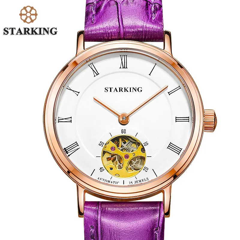 

STARKING New Skeleton Automatic Mechanical Watch Women Dress Style Fashion Luxury Purple Leather Clock Women Vintage Timepieces