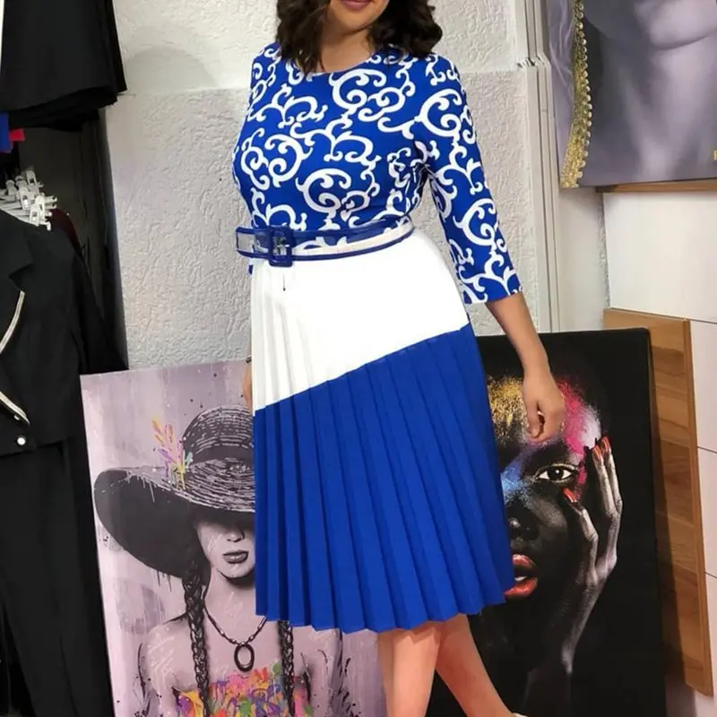 Fashion Print Pleated African Dress Women Blue Elegant Belt Pink Sweet High Waist Patchwork Fashion Ladies Summer Casual Dresses