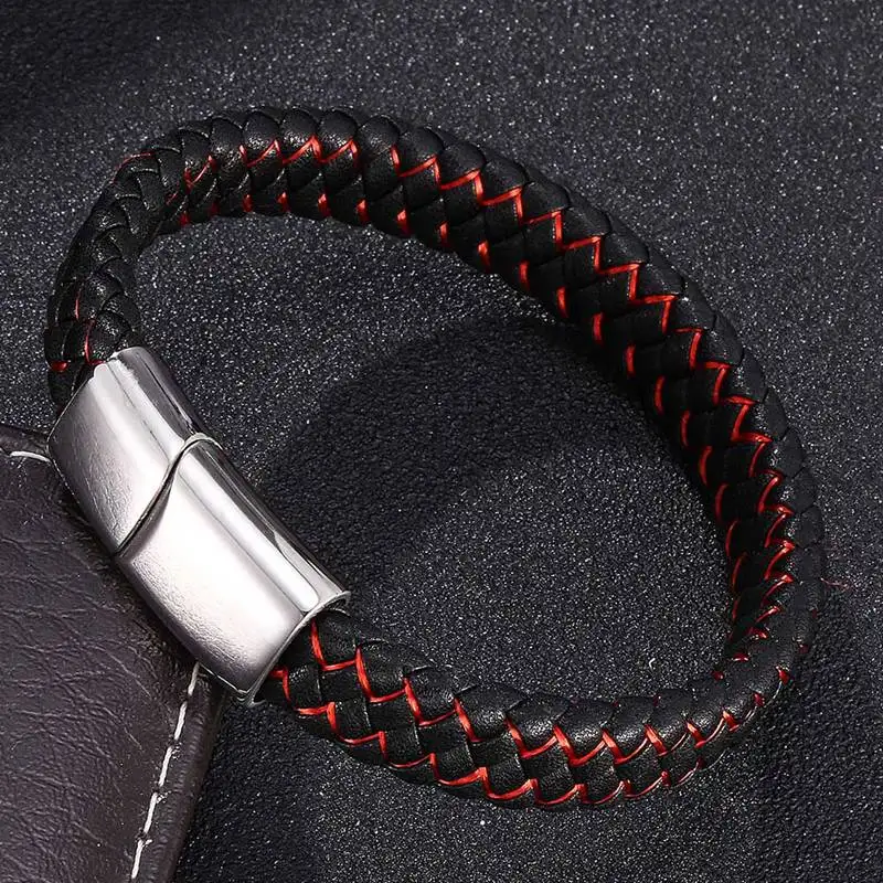 Новейшая модель; Для мужчин Мода браслет ювелирные изделия черный, красный смешанная ткань кожаный браслет Нержавеющая сталь Магнитная застежка мужской браслеты SP0013