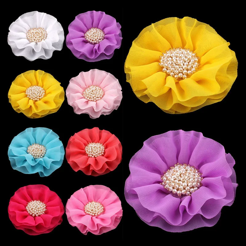 

30pcs/lot 4" 15colors Big Ruffled Chiffon Artificial Fabric Flowers+Pearl For Hair Accessories For Wedding Decorative Gift