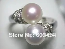 Двойной Реального белый жемчуг серебряное кольцо SZ: 6.7.8.9/Бесплатная Доставка 1 Шт