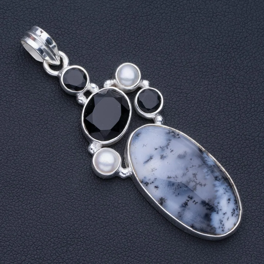 

Natural Dendritic Opal,Black Onyx and River Pearl Punk Style 925 Sterling Silver Pendant 2" P0818