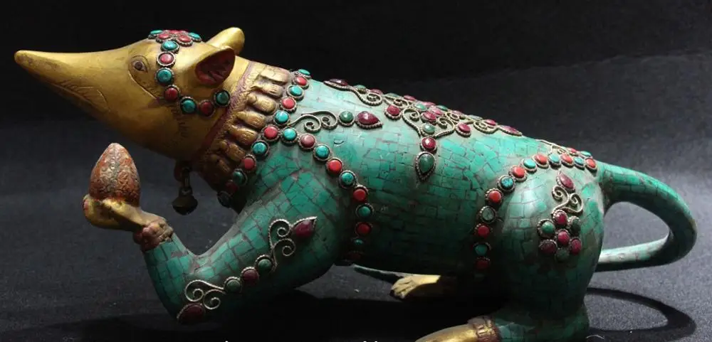 

14" Chinese Turquoise Gild Gem Feng Shui Zodiac Year Mouse Mice Animal Statue