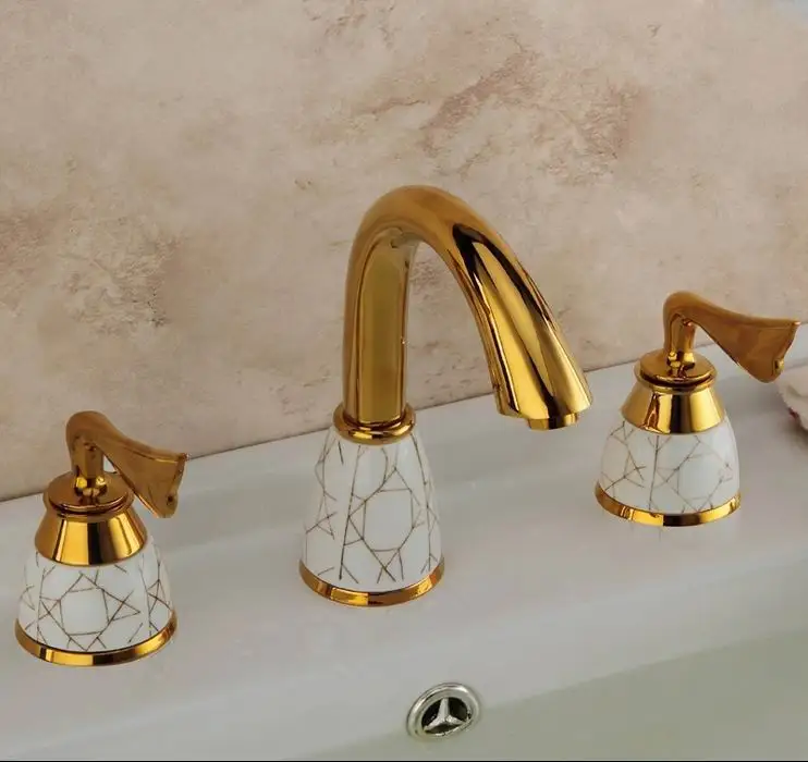 Free Shipping Brass Gold Deck Mounted Three Holes Waterfall Basin Sink Faucet Dual Handle Long Neck Bathroom Basin Sink Faucet fashion 3pcs black gold 8widespread basin tap faucet crystal dual handle three holes bathroom badkamer sink mixer kraan robinet