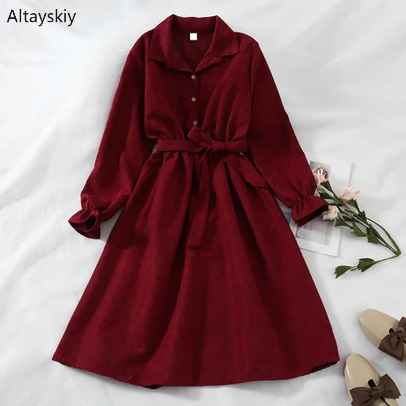 

Dress Women Solid Elegant All-match Trendy High Quality Ladies Bow Sweet Pink Korean Style Womens Lantern Sleeve A-Line Autumn