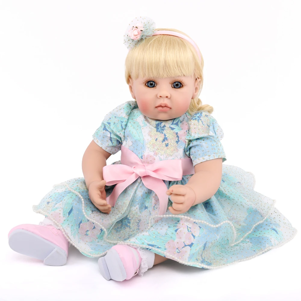

20inch Silicone Reborn Princess Baby Girl Doll Toys Vinyl Toddler blonde hair blue dress vivid Doll Girl bedtime play house toys