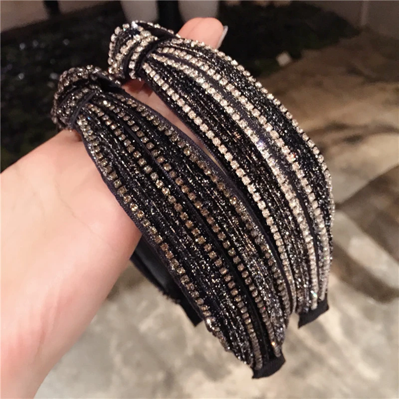 Xugar Hair Accessories Rhinestone Striped Women Hairband Autumn Cross Knot Wide Side Hair Hoop Bride Wedding Headwear