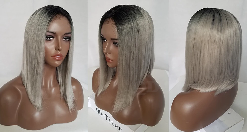 QD-Tizer Ombre Grey 2 Tones Synthetic Lace Front Wig Black Root Short Bob Hair Wigs for Women Heat Resistant Lace Wig6