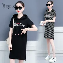 Женская одежда с коротким рукавом большого размера, новая летняя свободная хлопковая футболка с капюшоном, Женская толстовка средней и длинной длины LQ0099