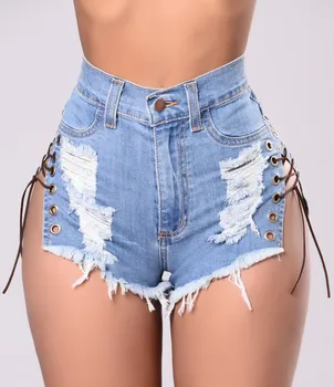 

2019 Sexy Summer Women Denim Shorts Black Blue High Waist Ripped Shorts Jeans Tassel Lace Up Bandage Hotpants