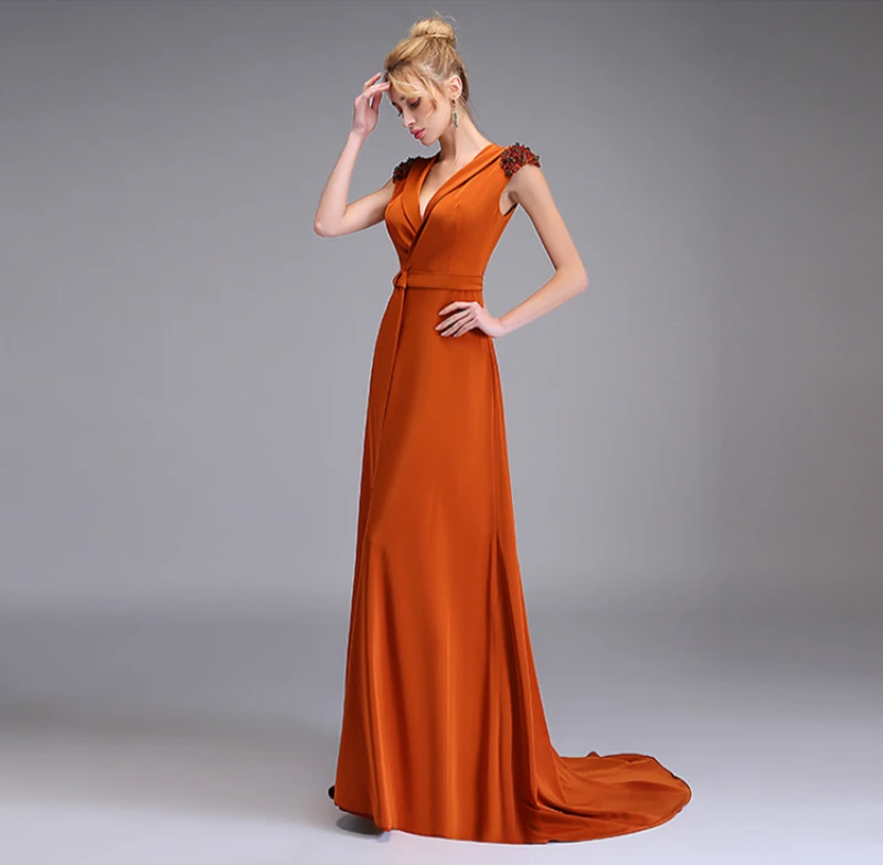 SSYFashion Новое Вечернее платье простой карамельный цвет Бисероплетение v образным