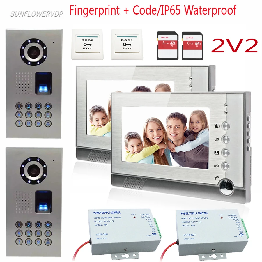 

Fingerprint Video Door Phone 2 Monitors For 2 Doors Wired Intercom With 8GB SD Card Video Recording 7" Color Lcd Door Bell Kit