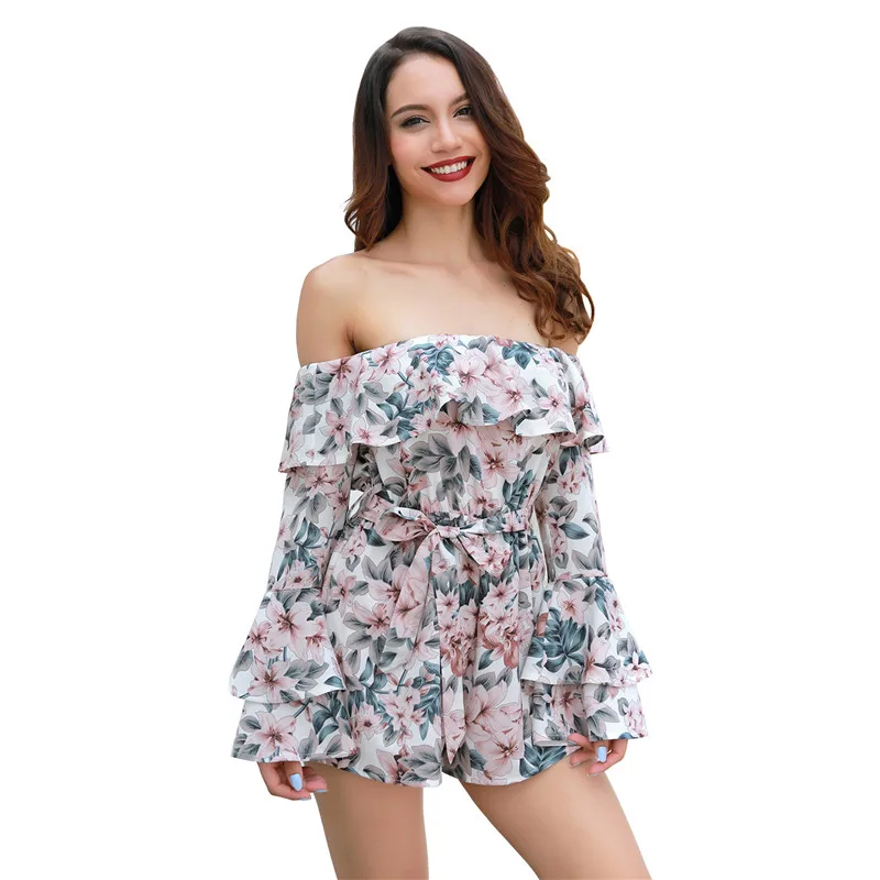 

Women Rompers floral print off shoulder Jumpsuit Summer Short pleated Overalls Jumpsuit Female chest wrapped strapless Playsuit