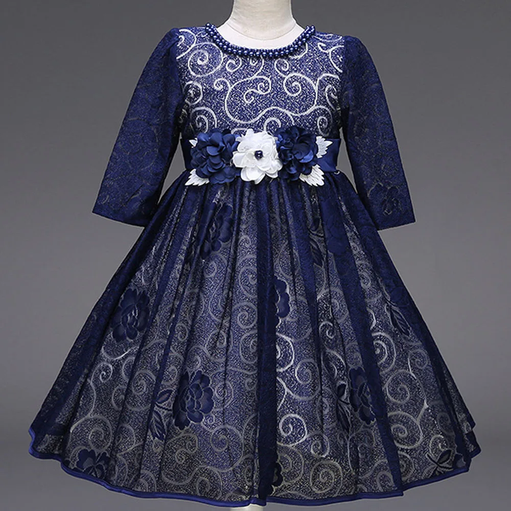 

2018 casual girl lace three-dimensional flower decoration seven-point sleeve round neck beaded solid color knee -lenght dress