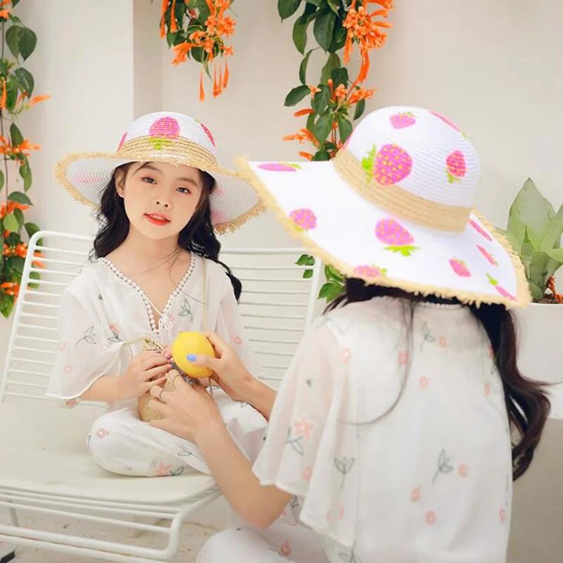 Летние соломенные шляпы с ручной росписью для родителей и детей; шляпа от солнца для маленьких девочек; пляжные соломенные шляпы для мамы и дочки; H35