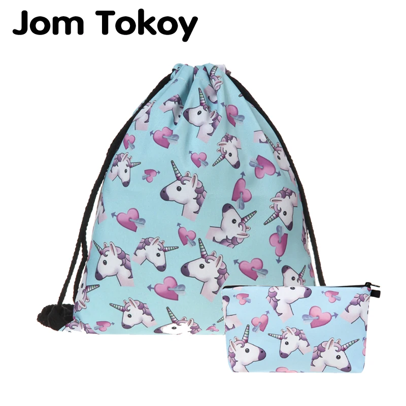 

Jom Tokoy 2 PCS 3D Printing Drawstring bag Set Combinationwith unicorn School Girls Black Backpack