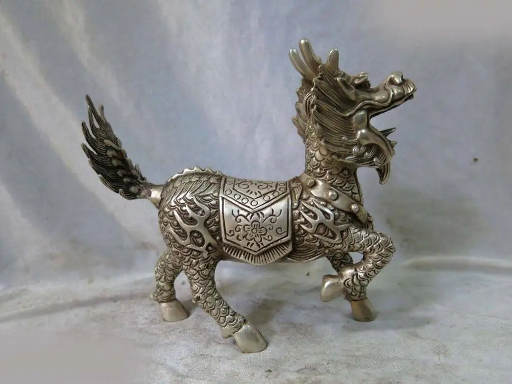 

DS 7" China Silver fine workmanship carved lucky beautiful kylin Sculpture Statue