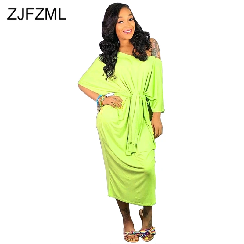 

One Shoulder Summer Long Maxi Dress For Women Half Sleeve Open Back Bohemian Beach Dress Casual Neon Green Sashes Loose Vestidos