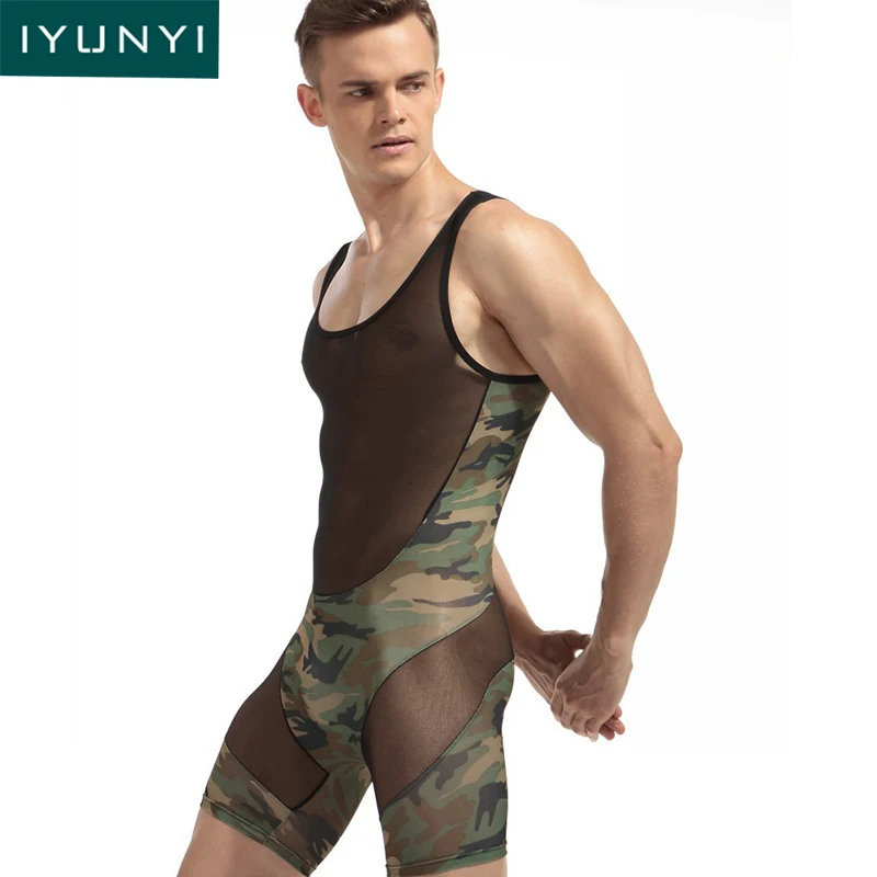 

IYUNYI Mens Sexy Underwear Bodysuit Fashion Sexy Man Jumpsuit Wresting Undershirts Shapers Camouflage Ultra Thin Tight Bodysuit