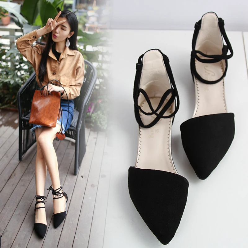 2019 summer shallow mouth pointed hollow with low heel cross strap flat shoes