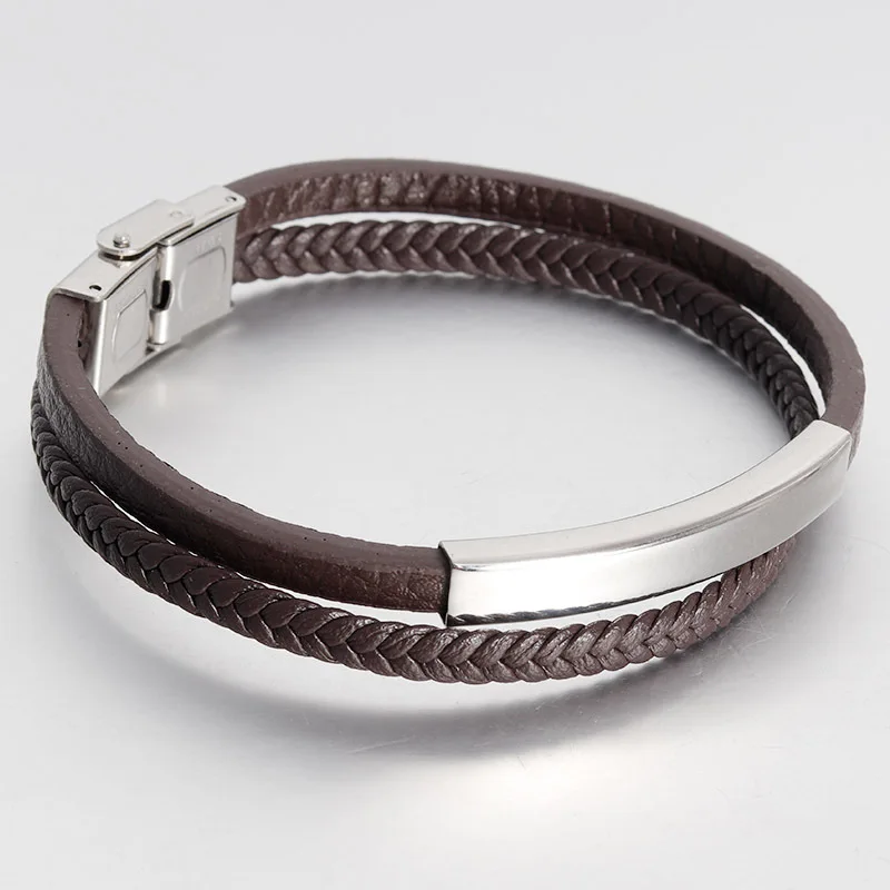 Классический кожаный мужской браслет Новая мода титановая сталь браслеты с подвесками и браслеты для мужчин ювелирные изделия подарок - Окраска металла: Brown