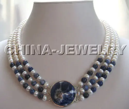 

Free Shipping >>>Beautiful 3row 17-19" 8mm natural white freshwater pearl and sodalite necklace