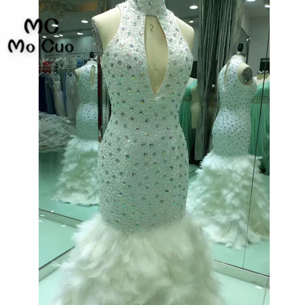 

Sparkly Mermaid Feather Prom Dresses Long High Neck Heavy Crystals Beaded Sweep Train Formal Evening Party Dress 100% Real