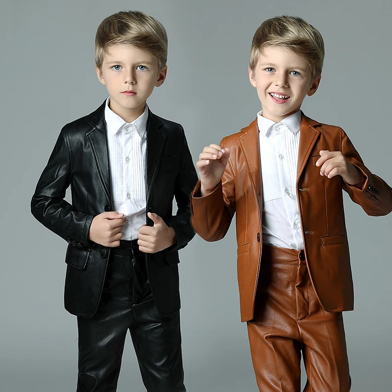 2018 spring casual boys blazer for weddings solid PU leather boys wedding suit formal suit for boy kids wedding prom suits