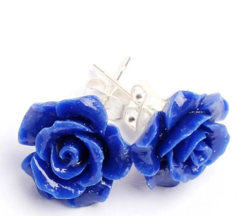

lady's 12mm Lapis lazuli Carved Rose Flower 925 Sterling Silver elegant Earrings
