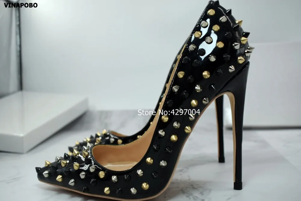 

2019 Newest Black Gold Rivets Women Patent Leather Pumps Sexy Pointed Toe Ladies 12CM High Heels Fashion Party wedding shoes 43