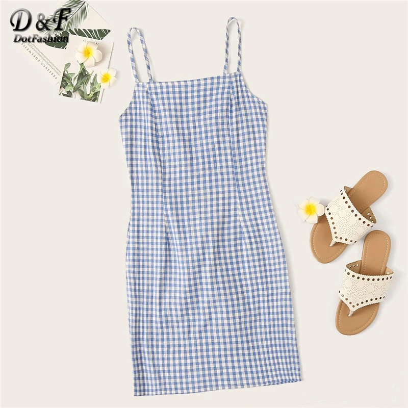 

Dotfashion Gingham Sheath Cami Dress Women 2019 Summer Casual Sleeveless Spaghetti Strap Ladies Preppy Straight Slip Short Dress