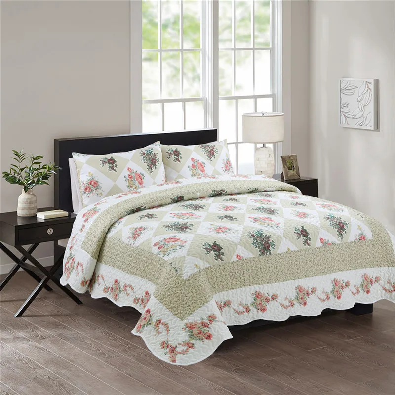 

3PCS Quality European style elegance printed patchwork Floral Cubrecama Quilt Coverlet Bedspread Qulit Pillowcase