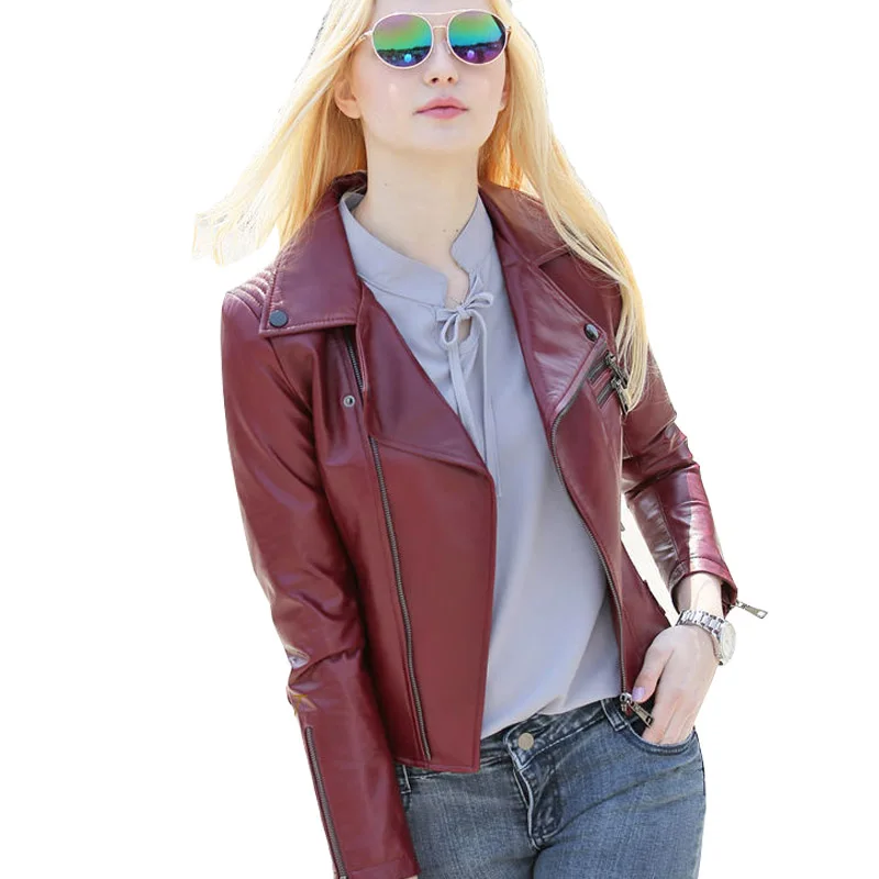 2017 Women Sheepskin Real Leather Jacket Genuine Short Leather Coats Motorcycle Winered Coats QD11616