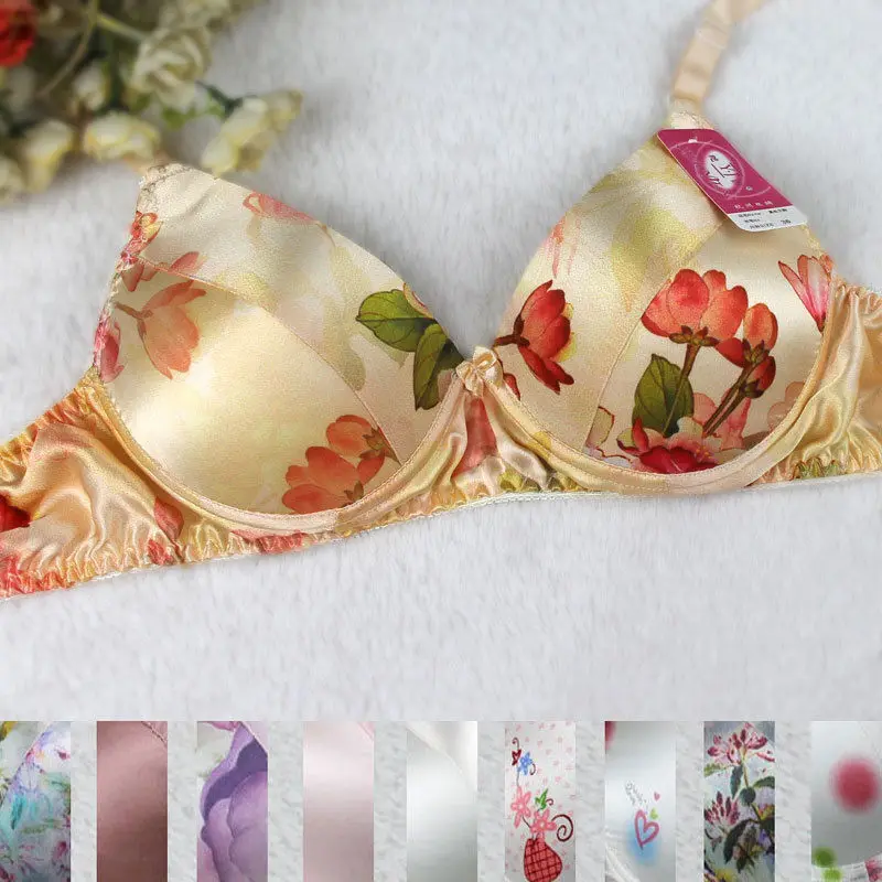 5PCS Women's 100 Silk bra Floral 100 silk Bras Wire Free 32_42A/Bin