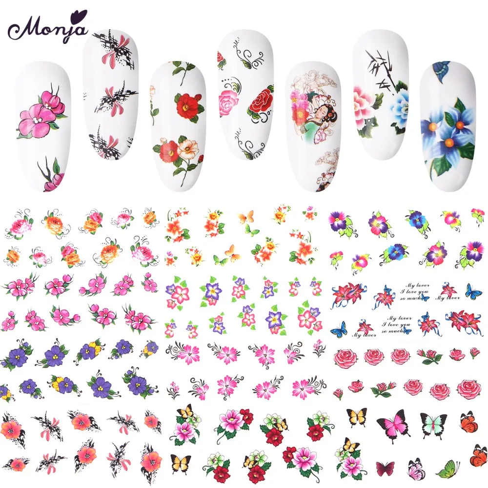 

Monja 50 Sheets Nail Art Water Transfer Stickers Butterfly Feather Blooming Flower Mixed Pattern DIY Watermark Decals Decoration