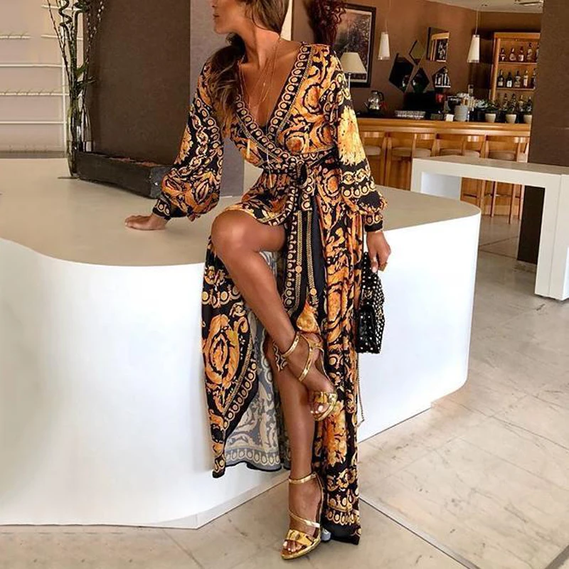 

2019 New Style Fashion Elegant Women Sexy Boat Neck Glitter Deep V Neck Print Party Dress Formal Long Dress Sexy Clubwear