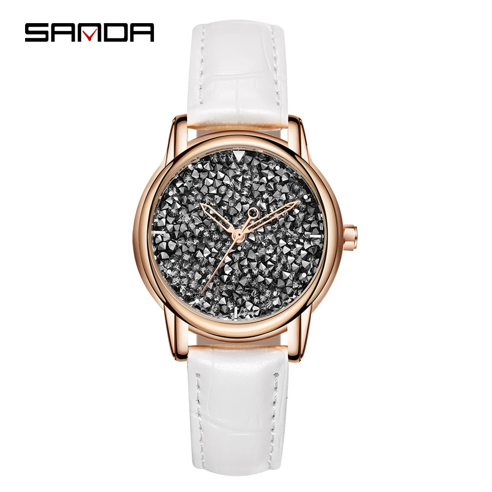 

SANDA P221 Simple Women Watch Leather Diamond Quartz Movement Watch Waterproof Casual Clock Wristwatch for Female Ladies Watches