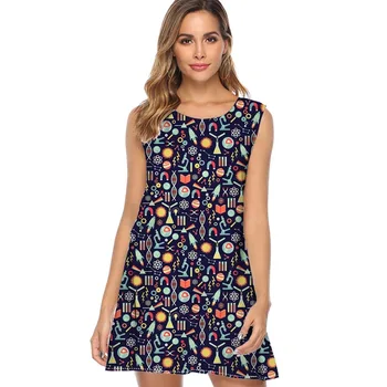 

Women Vestidos Sexy Sleeveless Summer Mini Dress Women Loose Chiffon Shift Dress Science Studies Printed Vintage Beach Dress
