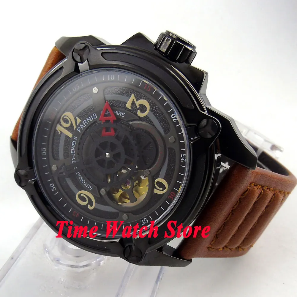 

Parnis 44mm black dial gold number sapphire glass PVD case 5ATM 21 jewels Golden MIYOTA Automatic Men's watch 669B