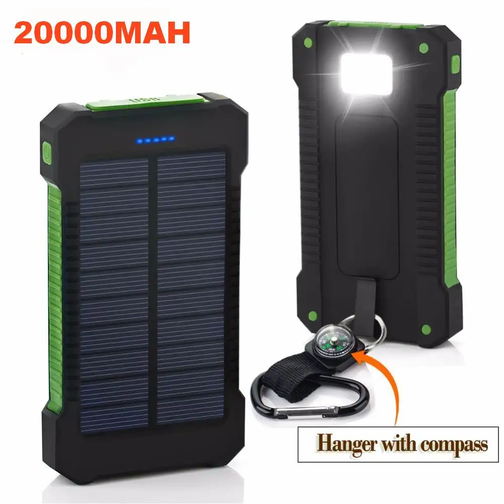 

For Xiaomi mi iphone 6 7 8 20000mAh LED Solar Power Bank Waterproof Solar Charger 2 USB Ports External Charger Polymer Powerbank