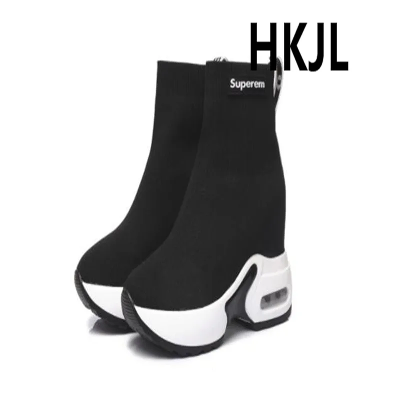 HKJL/женские вязаные носки с высоким вырезом; Новинка года; тонкие женские туфли на танкетке, увеличивающие рост внутри