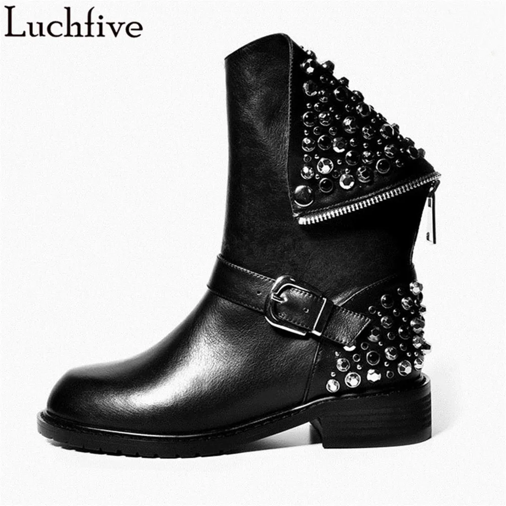 2017 new genuine leather+pu fashion boots women zipper rivets studded