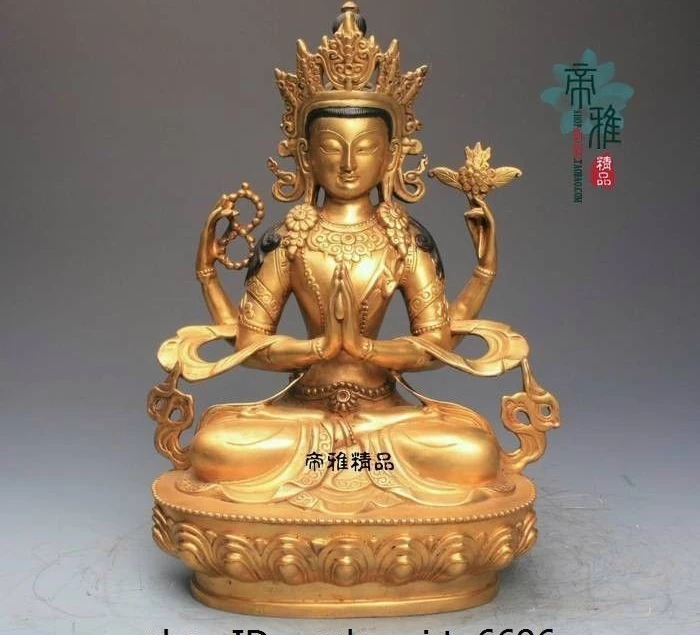 

Tibet Pure Copper 24K Gold Gild Four Arm Avalokitesvara Kwan-yin Guanyin Statue