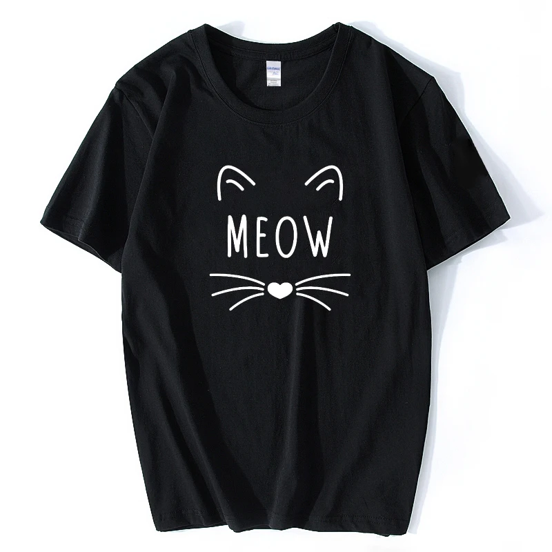 Кошка мяу Kawaii принт Для женщин футболка смешные изделия из хлопка для Леди Топ