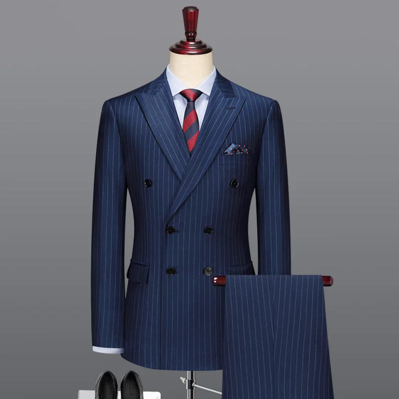 

100% wool double breasted men suit deep blue striped casual mens suits with pants wedding groom suits 2019 man slim fit blazer