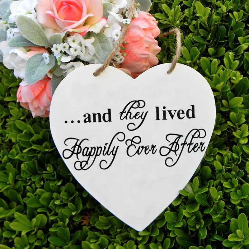 Wooden Heart Here Comes the Bride with And they lived Happily Ever After Wedding Flower Girl Sign, Ring Bearer Sign , Crisp