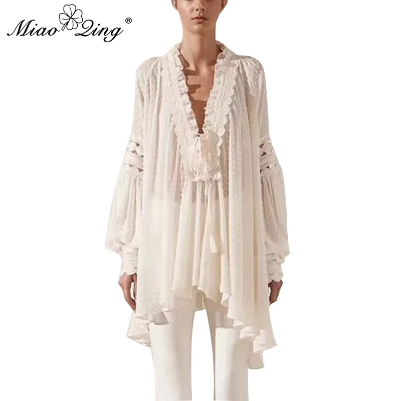 

MIAOQING polka dot see-through women's shirt v-neck lantern sleeve bandage hollow irregular long shirt lady summer