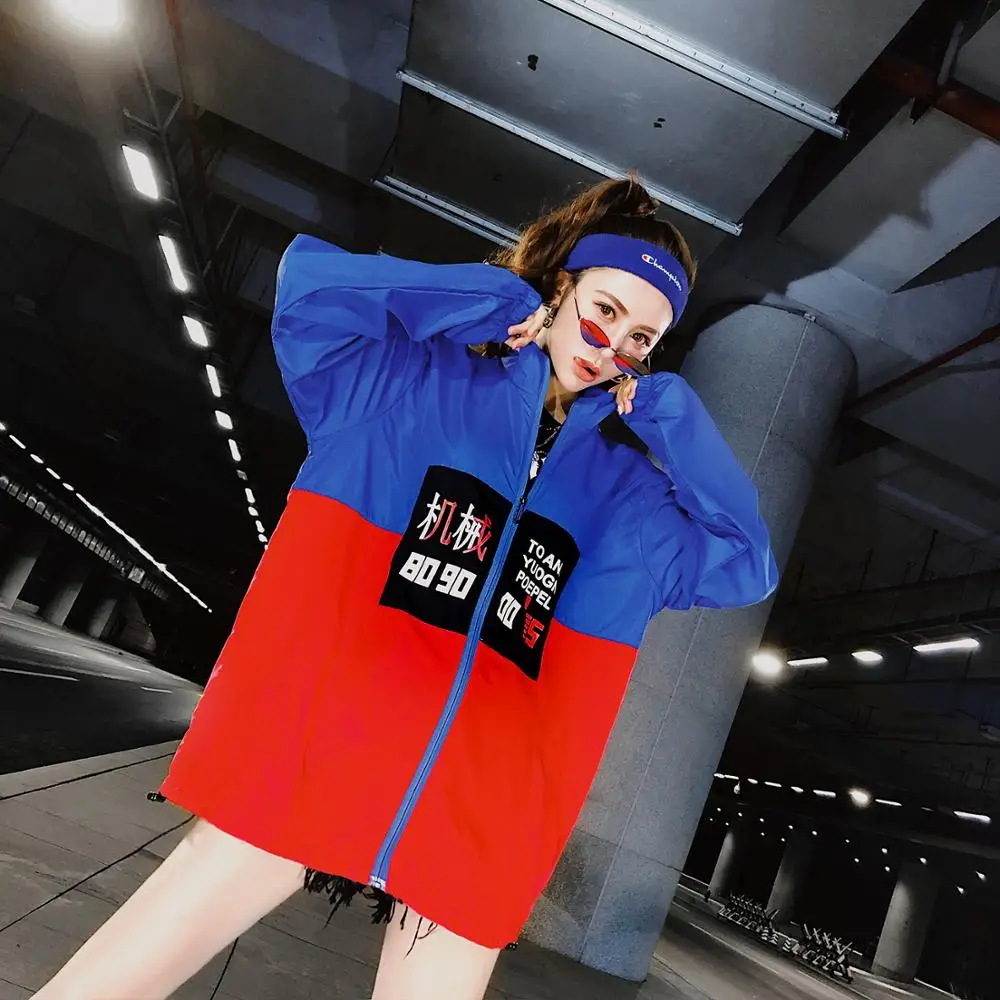 

Patchwork Jacket Women Harajuku Color Block Cool Streetwear Hip Hop Hooded Thin Coat Leisure Korean Style Preppy Style Outwear
