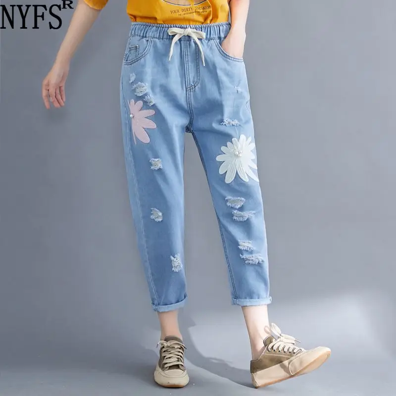 

NYFS 2019 New Summer Women jeans loose Hole Harem pants Embroidery Ripped Elastic Denim Nine Trousers M-4XL size